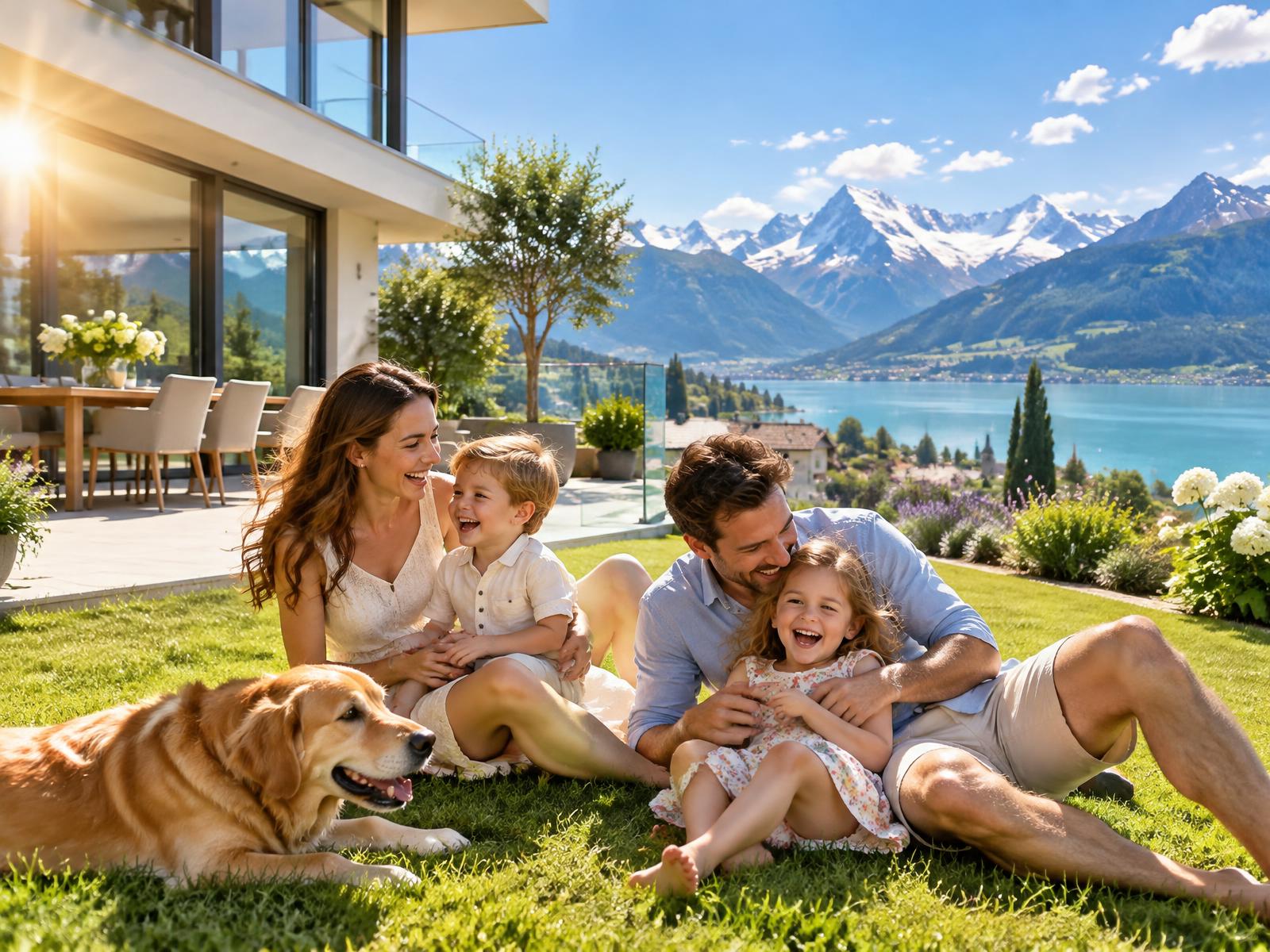 Glückliche Familie im Garten ihres Hauses über einem Schweizer See mit Bergpanorama